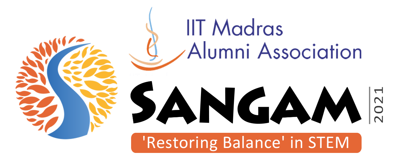 Logo image of the IIT Madras Alumni Association's Sangam 2021 event, with the theme phrase, 'Restoring balance in STEM'